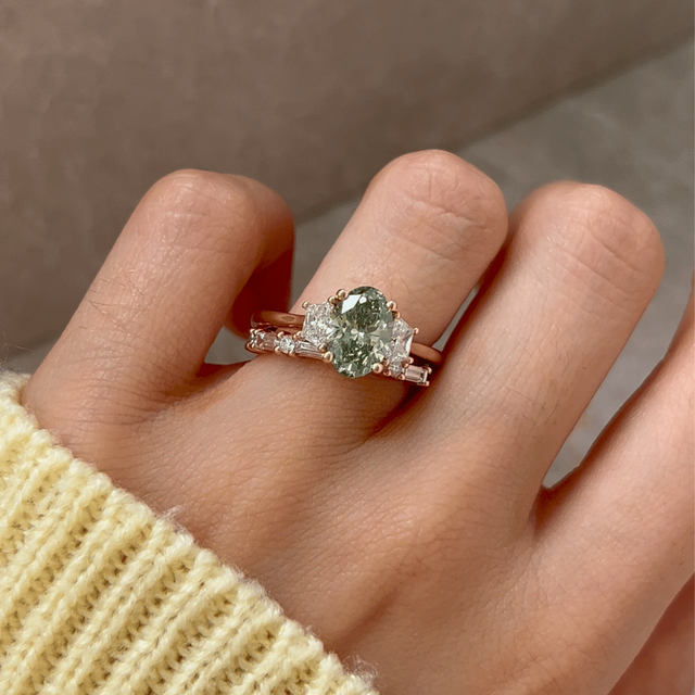 1.60 Carat Lab Grown Oval Green Diamond Trilogy Engagement Ring in Rose Gold - Treya