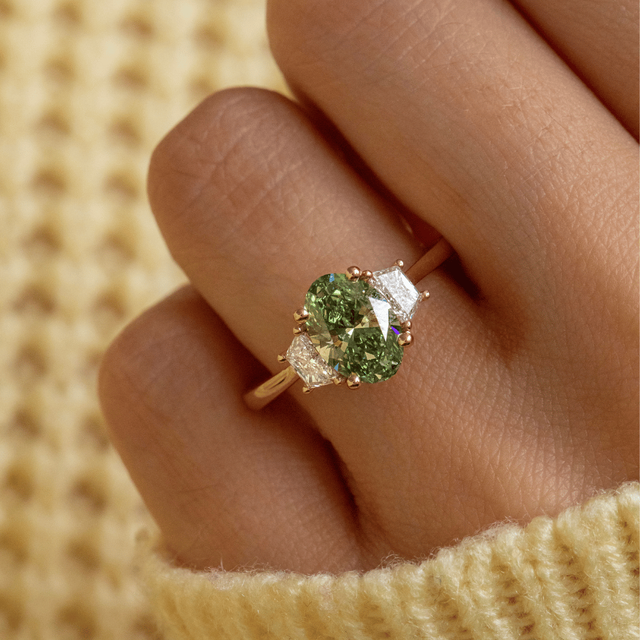 1.60 Carat Lab Grown Oval Green Diamond Trilogy Engagement Ring in Rose Gold - Treya