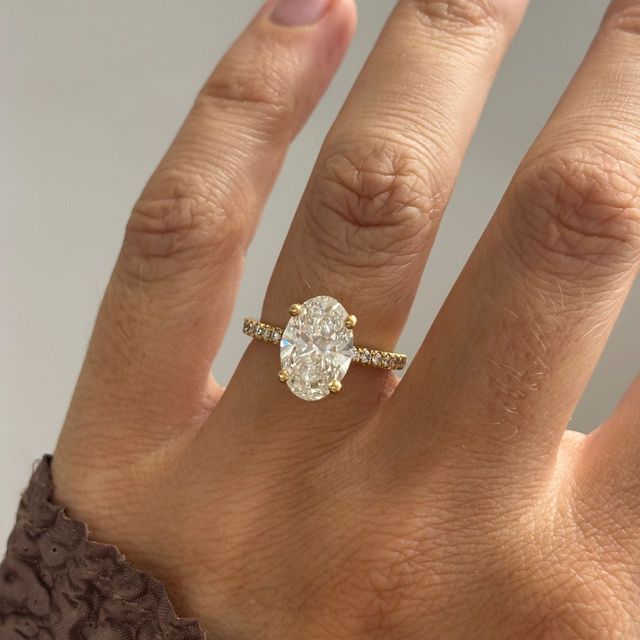 3 Carat Lab Grown Oval Diamond Hidden Halo Engagement Ring in Yellow Gold - Samara