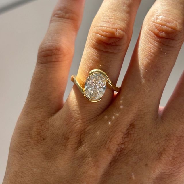 3 Carat Lab Grown Oval Diamond Bezel Sculptural Engagement Ring in Yellow Gold - Solenne