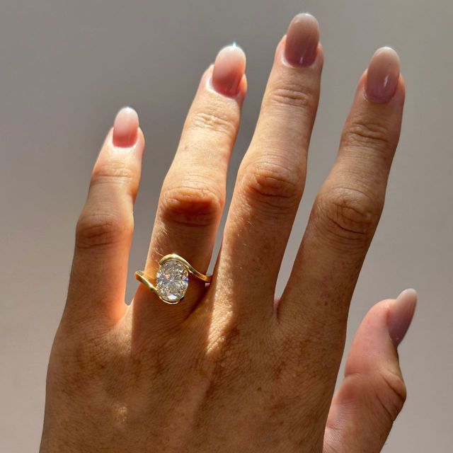 3 Carat Lab Grown Oval Diamond Bezel Sculptural Engagement Ring in Yellow Gold - Solenne