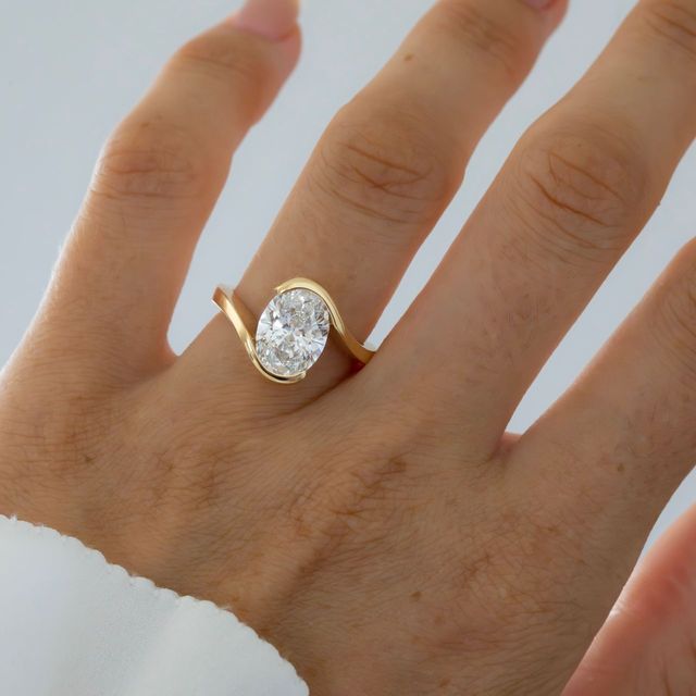 3 Carat Lab Grown Oval Diamond Bezel Sculptural Engagement Ring in Yellow Gold - Solenne