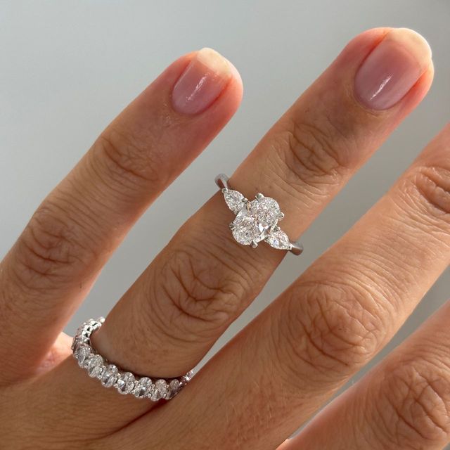 1.10 Carat Lab Grown Oval Diamond Trilogy Engagement Ring in Platinum - Vivian