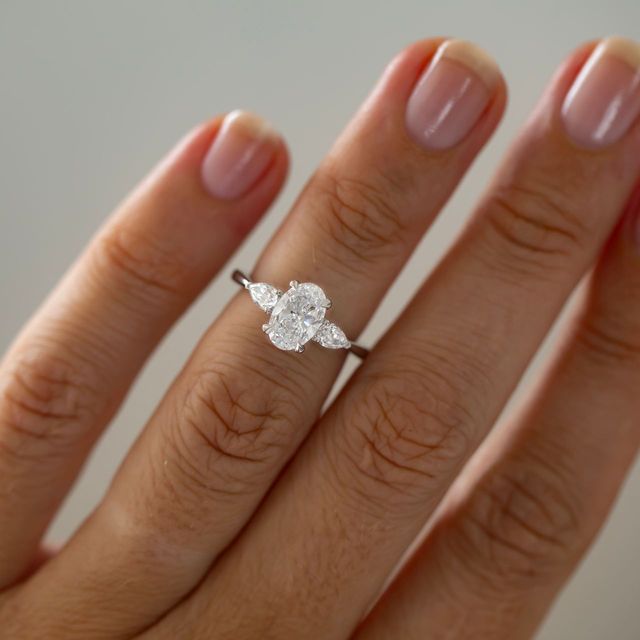 1.10 Carat Lab Grown Oval Diamond Trilogy Engagement Ring in Platinum - Vivian