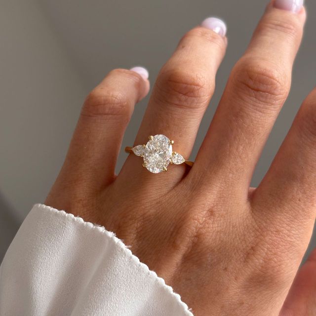 2.50 Carat Lab Grown Oval Diamond Trilogy Engagement Ring in Yellow Gold - Vivian