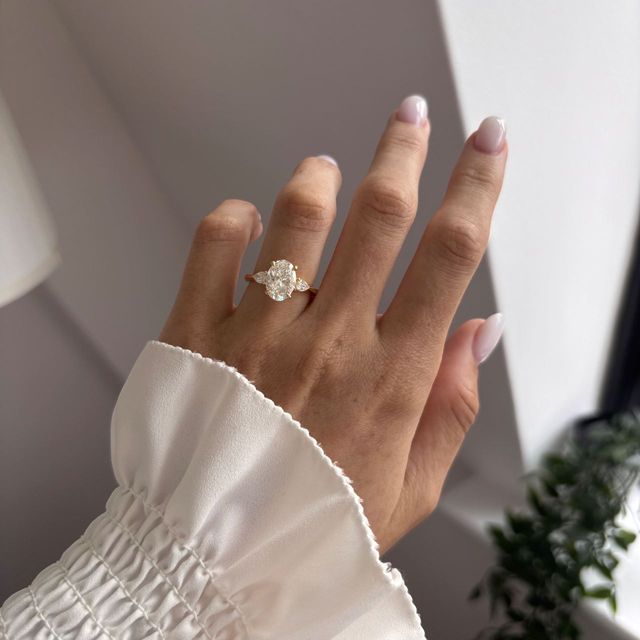 2.50 Carat Lab Grown Oval Diamond Trilogy Engagement Ring in Yellow Gold - Vivian