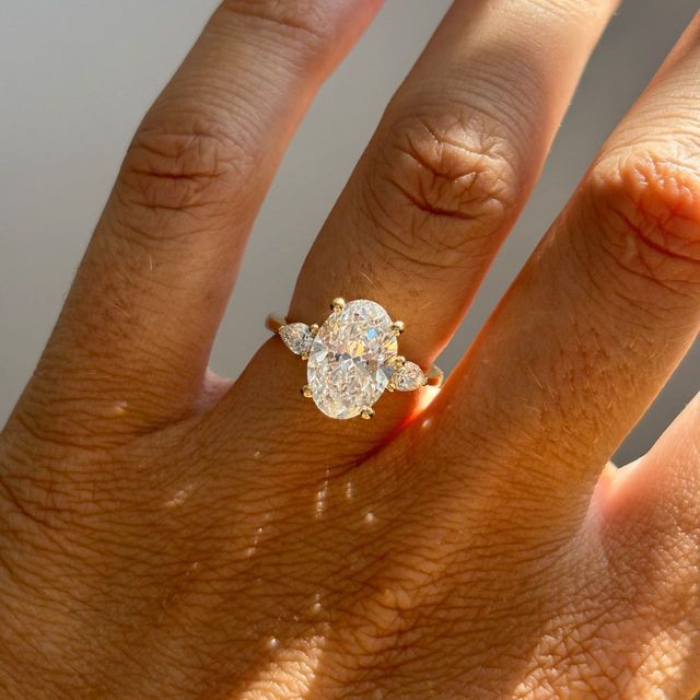 3 Carat Lab Grown Oval Diamond Trilogy Engagement Ring in Yellow Gold - Vivian