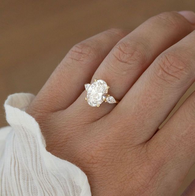 3 Carat Lab Grown Oval Diamond Trilogy Engagement Ring in Yellow Gold - Vivian