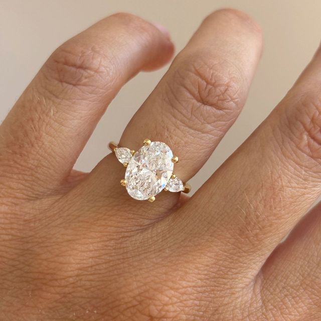 3 Carat Lab Grown Oval Diamond Trilogy Engagement Ring in Yellow Gold - Vivian