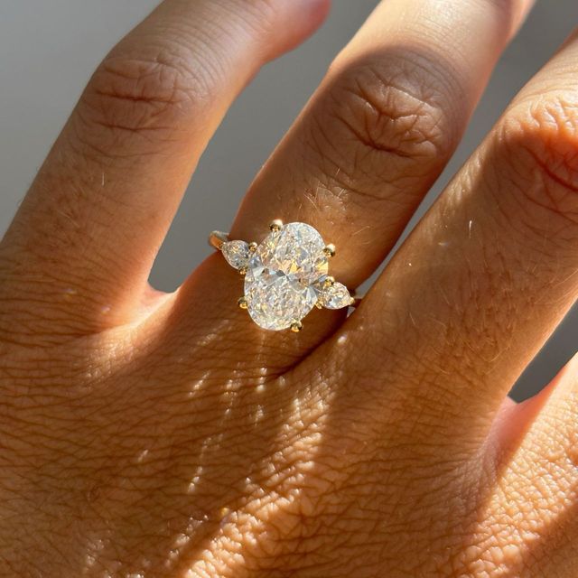 3 Carat Lab Grown Oval Diamond Trilogy Engagement Ring in Yellow Gold - Vivian