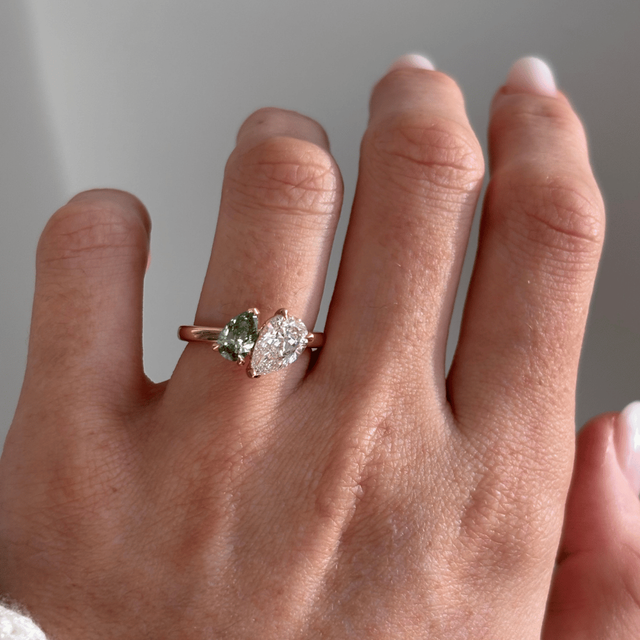 1.90 Carat Lab Grown Pear and Pear Green Diamond Toi Et Moi Engagement Ring in Yellow Gold
