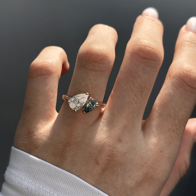 1.90 Carat Lab Grown Pear and Pear Green Diamond Toi Et Moi Engagement Ring in Yellow Gold