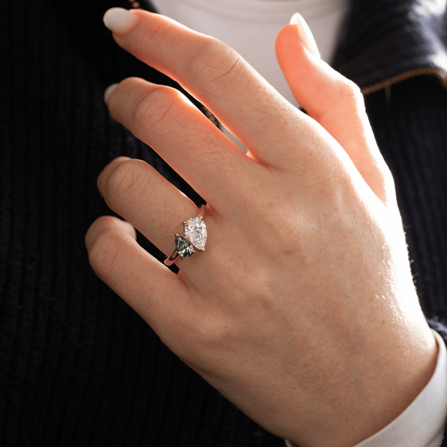 1.90 Carat Lab Grown Pear and Pear Green Diamond Toi Et Moi Engagement Ring in Yellow Gold