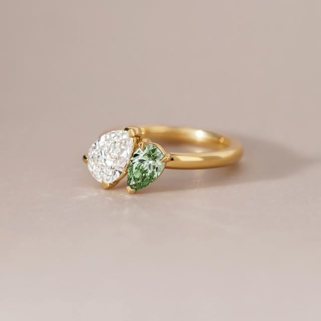 1.90 Carat Lab Grown Pear and Pear Green Diamond Toi Et Moi Engagement Ring in Yellow Gold