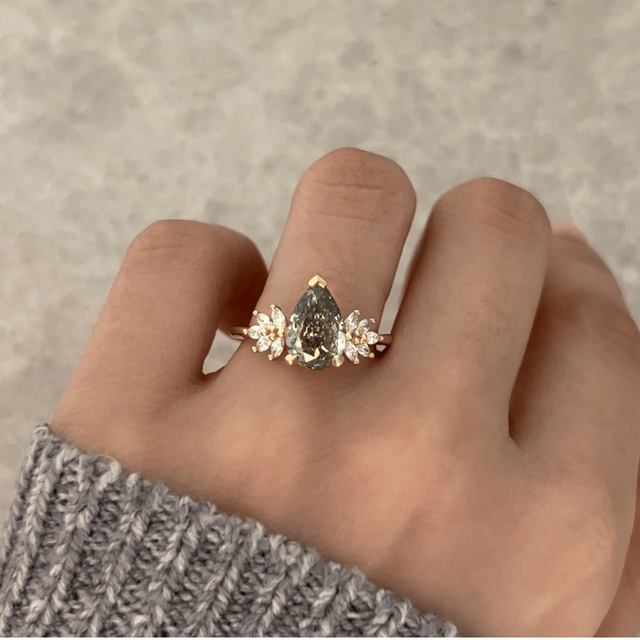 2.70 Carat Lab Grown Pear Green Diamond Cluster Engagement Ring in Yellow Gold - Anastasia