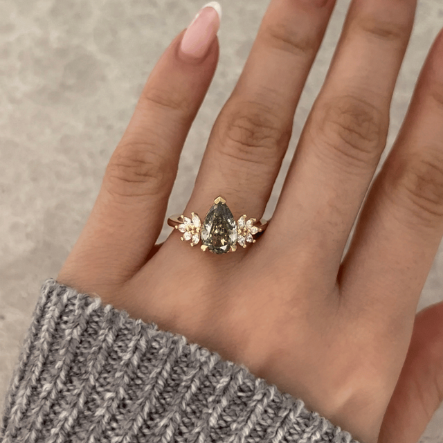 2.70 Carat Lab Grown Pear Green Diamond Cluster Engagement Ring in Yellow Gold - Anastasia