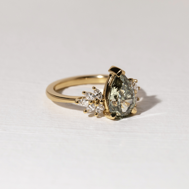 2.70 Carat Lab Grown Pear Green Diamond Cluster Engagement Ring in Yellow Gold - Anastasia