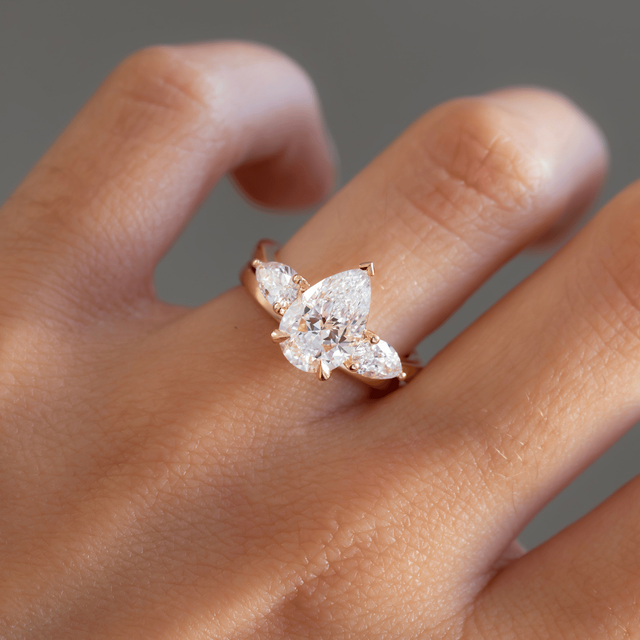 2 Carat Lab Grown Pear Diamond Trilogy Engagement Ring in Yellow Gold - Vivian