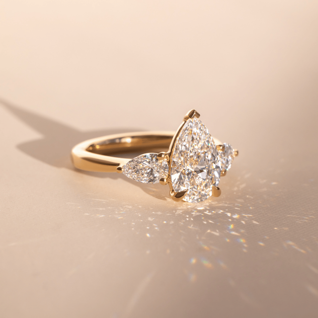 2 Carat Lab Grown Pear Diamond Trilogy Engagement Ring in Yellow Gold - Vivian