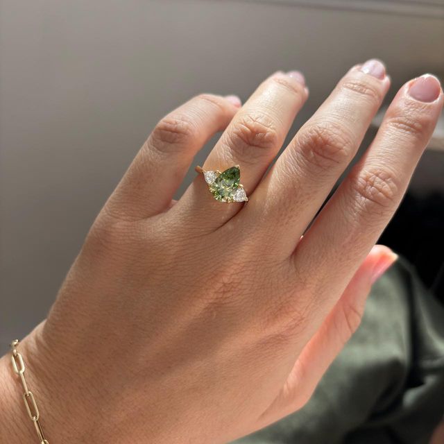 2.00 Carat Lab Grown Pear Green Diamond Trilogy Engagement Ring in Yellow Gold - Manilla
