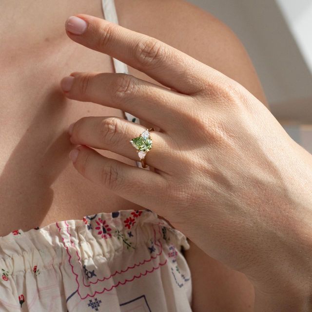 2.00 Carat Lab Grown Pear Green Diamond Trilogy Engagement Ring in Yellow Gold - Manilla
