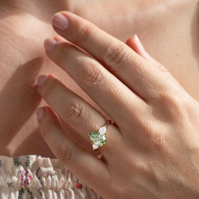 2.00 Carat Lab Grown Pear Green Diamond Trilogy Engagement Ring in Yellow Gold - Manilla
