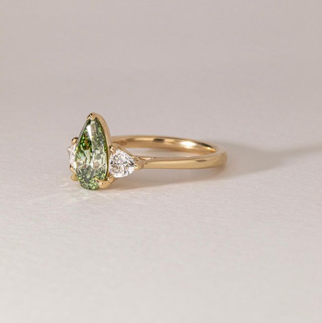 2.00 Carat Lab Grown Pear Green Diamond Trilogy Engagement Ring in Yellow Gold - Manilla