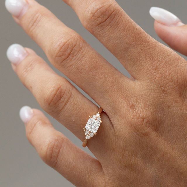 1 Carat Lab Grown Princess Cut Diamond Cluster Engagement Ring in Rose Gold - Isabella