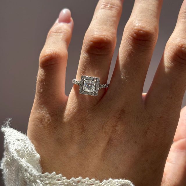 1 Carat Lab Grown Princess Diamond Halo Engagement Ring in White Gold - Lana