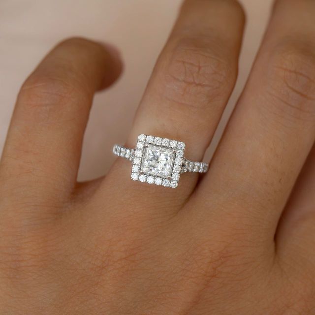 1 Carat Lab Grown Princess Diamond Halo Engagement Ring in White Gold - Lana
