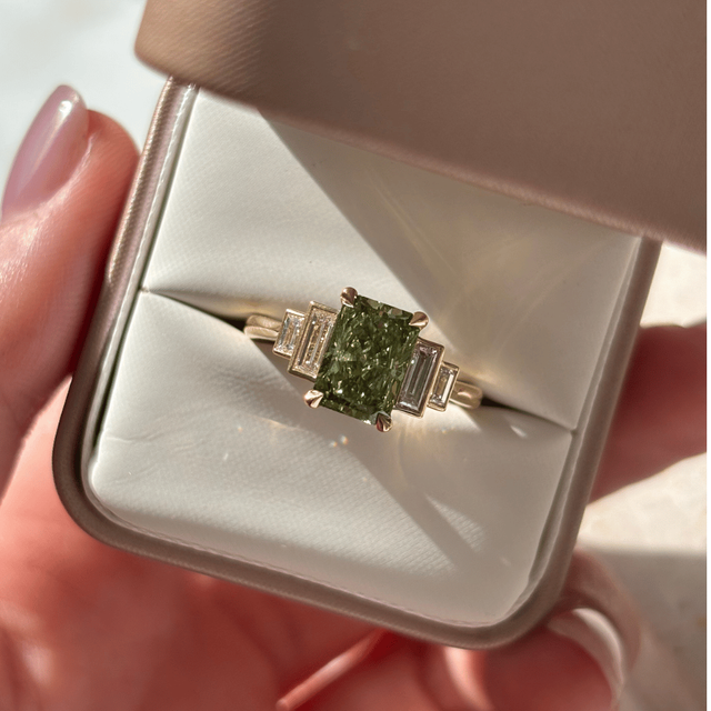 2.10 Carat Lab Grown Radiant Green Diamond Five Stone Engagement Ring in Yellow Gold - Lapilli