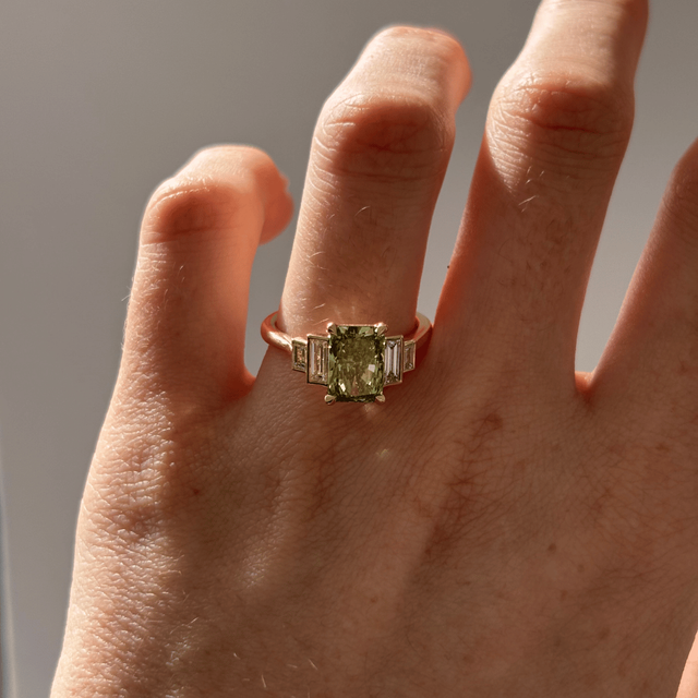 2.10 Carat Lab Grown Radiant Green Diamond Five Stone Engagement Ring in Yellow Gold - Lapilli