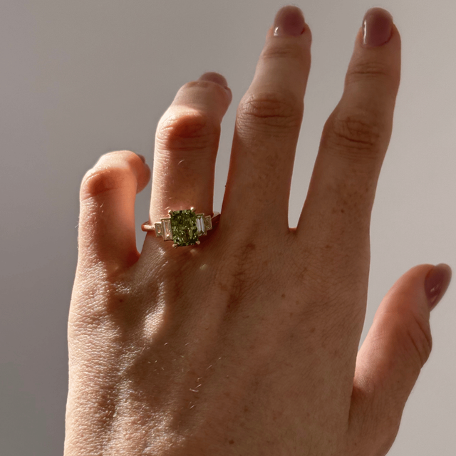 2.10 Carat Lab Grown Radiant Green Diamond Five Stone Engagement Ring in Yellow Gold - Lapilli
