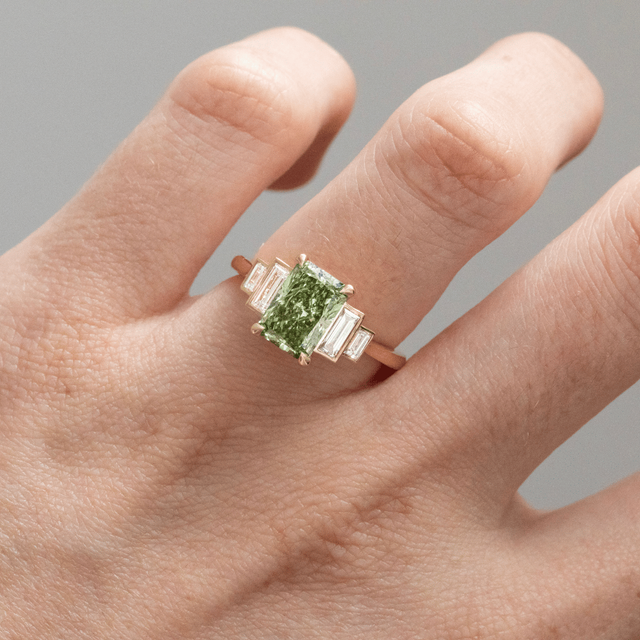 2.10 Carat Lab Grown Radiant Green Diamond Five Stone Engagement Ring in Yellow Gold - Lapilli
