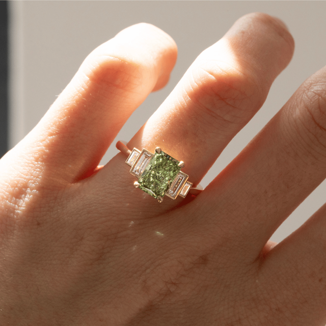 2.10 Carat Lab Grown Radiant Green Diamond Five Stone Engagement Ring in Yellow Gold - Lapilli