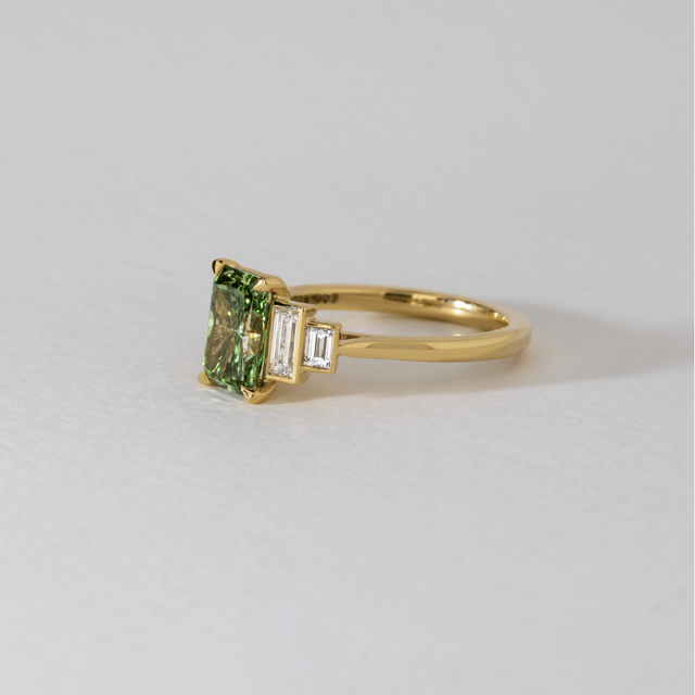 2.10 Carat Lab Grown Radiant Green Diamond Five Stone Engagement Ring in Yellow Gold - Lapilli