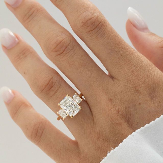 3.30 Carat Lab Grown Radiant Cut Diamond Trilogy Engagement Ring in Yellow Gold - Julia