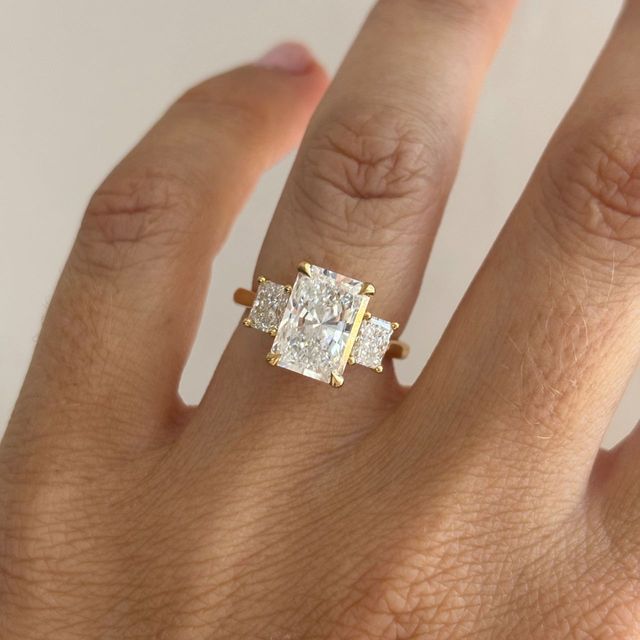 3.30 Carat Lab Grown Radiant Cut Diamond Trilogy Engagement Ring in Yellow Gold - Julia