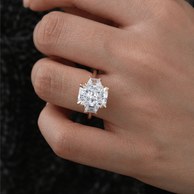 4 Carat Lab Grown Radiant Diamond Trilogy Engagement Ring in Yellow Gold - Treya