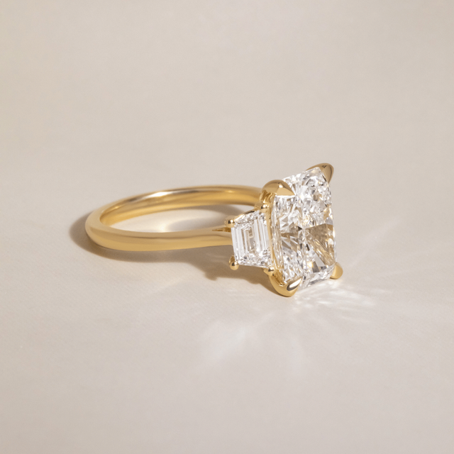 4 Carat Lab Grown Radiant Diamond Trilogy Engagement Ring in Yellow Gold - Treya