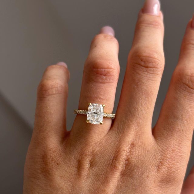2.60 Carat Elongated Cushion Diamond Hidden Halo Engagement Ring with Pavé Band in Yellow Gold - Juliette