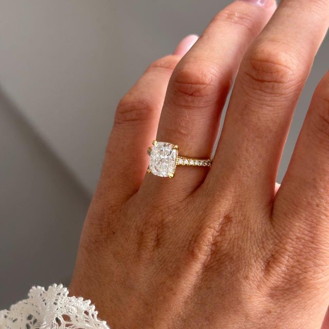 2.60 Carat Elongated Cushion Diamond Hidden Halo Engagement Ring with Pavé Band in Yellow Gold - Juliette
