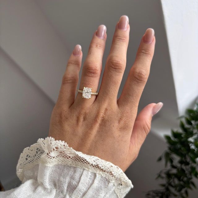 2.60 Carat Elongated Cushion Diamond Hidden Halo Engagement Ring with Pavé Band in Yellow Gold - Juliette