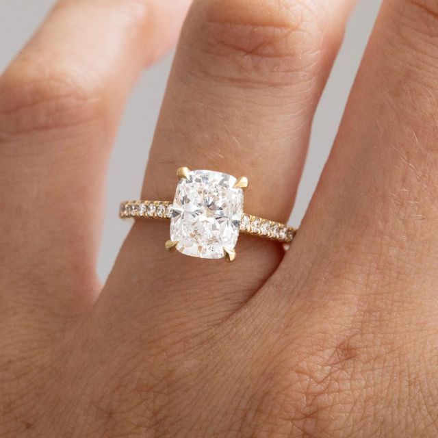 2.60 Carat Elongated Cushion Diamond Hidden Halo Engagement Ring with Pavé Band in Yellow Gold - Juliette