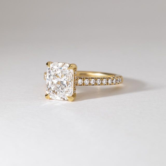 2.60 Carat Elongated Cushion Diamond Hidden Halo Engagement Ring with Pavé Band in Yellow Gold - Juliette