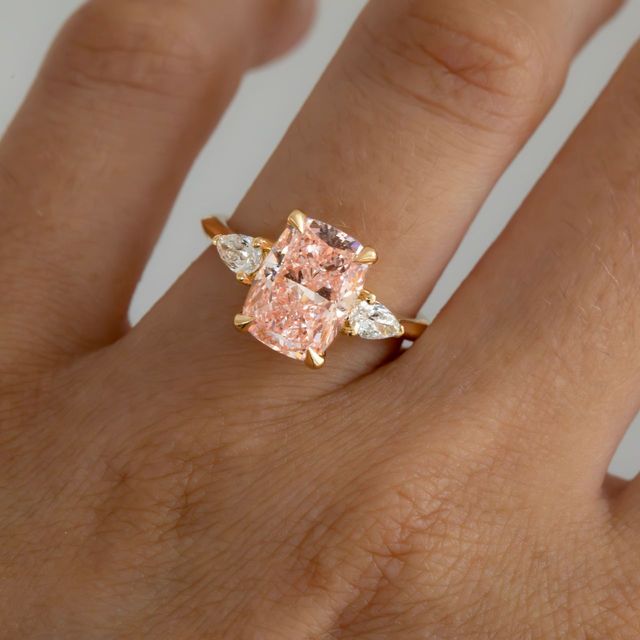 3.50 Carat Elongated Cushion Pink Diamond Trilogy Engagement Ring in Yellow Gold - Amaya