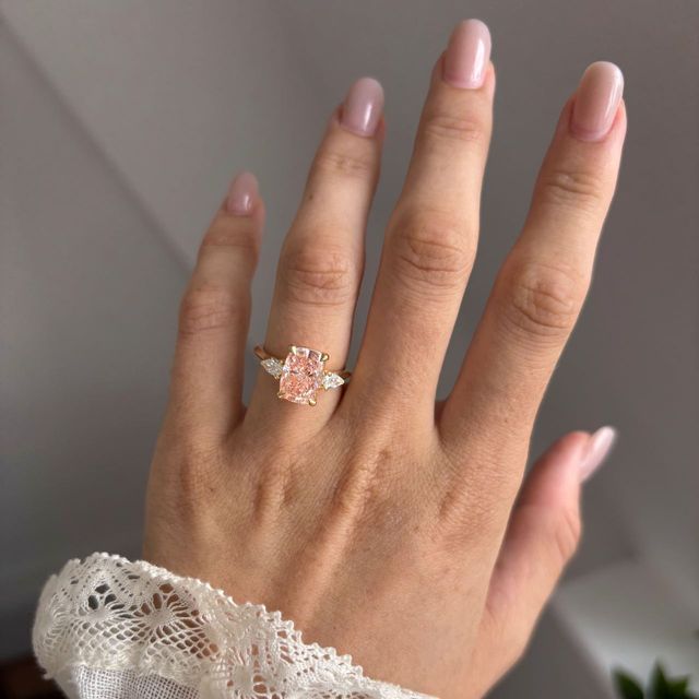 3.50 Carat Elongated Cushion Pink Diamond Trilogy Engagement Ring in Yellow Gold - Amaya
