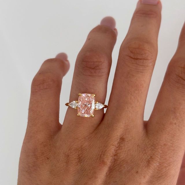 3.50 Carat Elongated Cushion Pink Diamond Trilogy Engagement Ring in Yellow Gold - Amaya