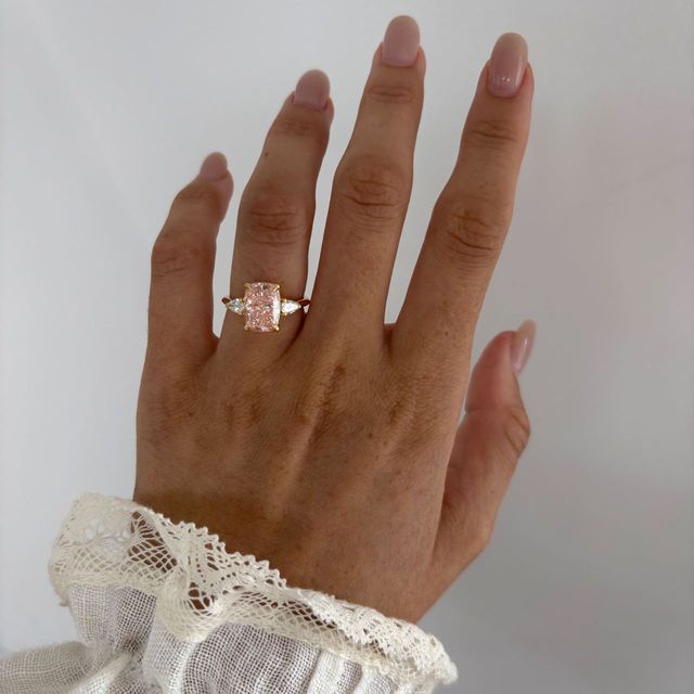 3.50 Carat Elongated Cushion Pink Diamond Trilogy Engagement Ring in Yellow Gold - Amaya
