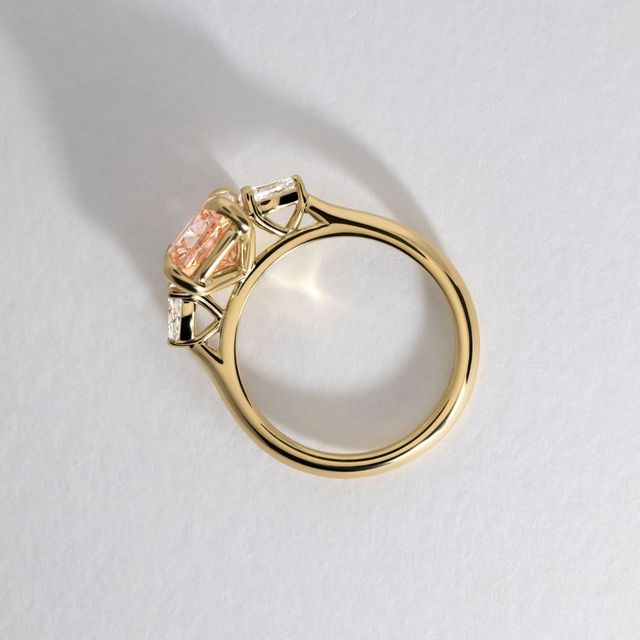 3.50 Carat Elongated Cushion Pink Diamond Trilogy Engagement Ring in Yellow Gold - Amaya